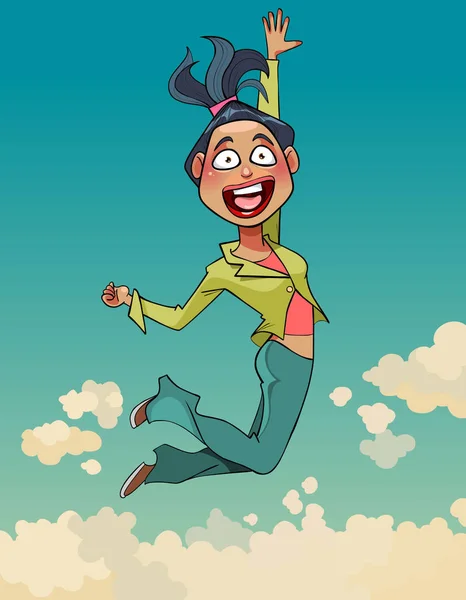 Cartoon vrouw in een pak is gelukkig springen op een achtergrond van de hemel — Stockvector