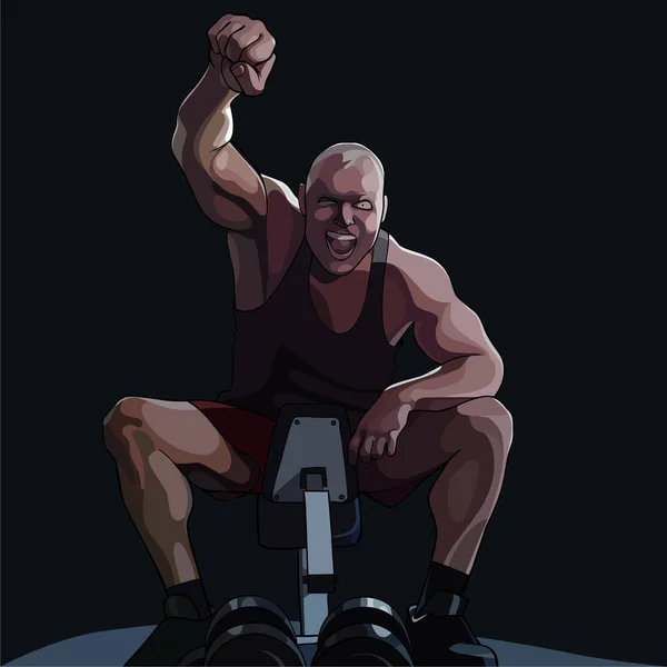 Cartoon glücklicher Mann sitzt auf Sportgeräten — Stockvektor