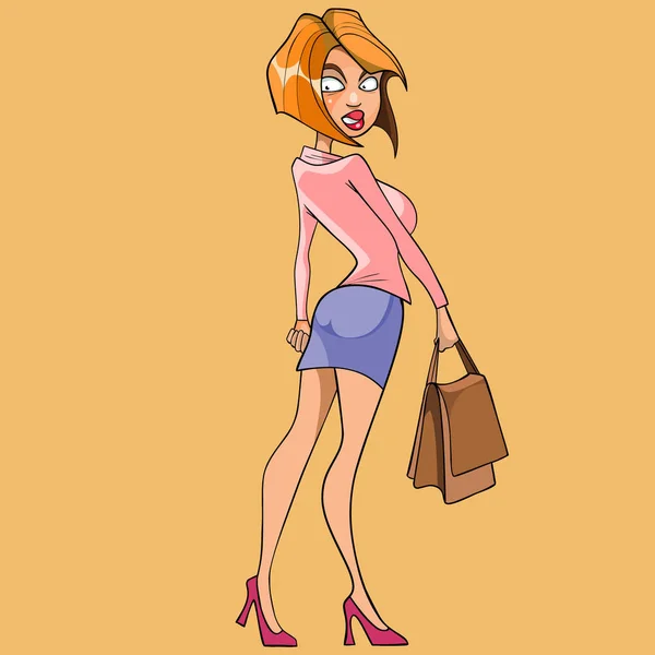 Desenho animado mulher esbelta caminha e olha para trás — Vetor de Stock