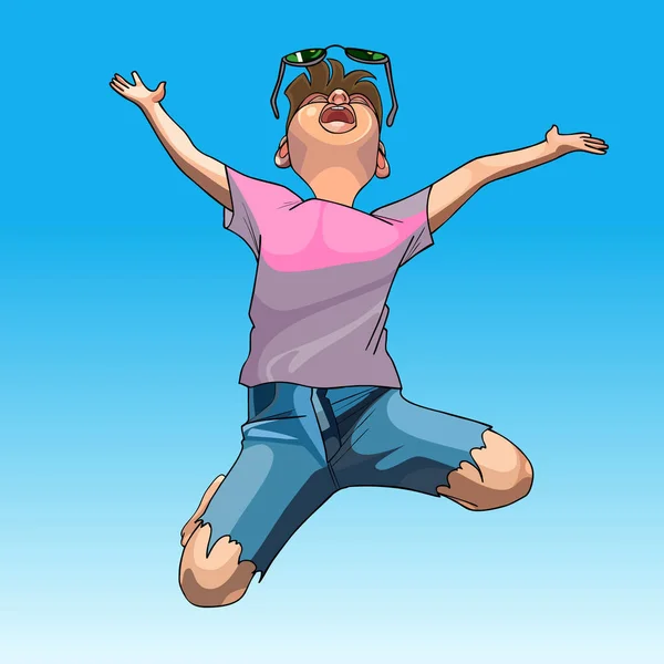 Dibujos animados divertido chico salta con entusiasmo — Vector de stock