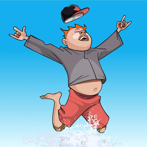 Cartoon funny man happily jumping in the spray — Stock Vector