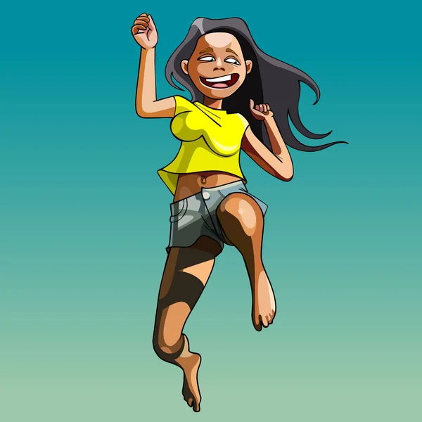 Dibujos animados mujer joven en ropa de verano saltando felizmente — Vector de stock