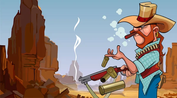 Cartoon fronsend man in een hoed shot van een pistool in een stenen canyon — Stockvector