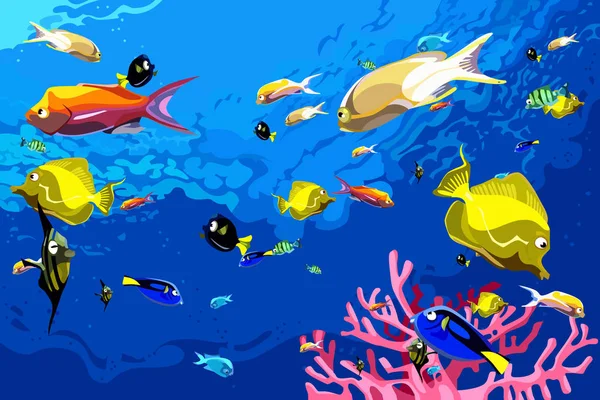 Muchos peces coloridos nadan bajo el agua — Vector de stock