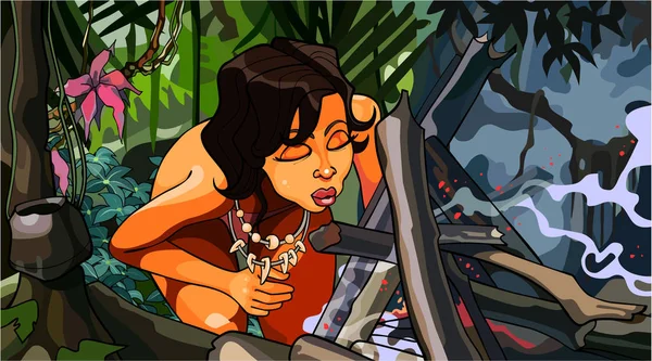 Femme soufflant le feu dans la jungle — Image vectorielle