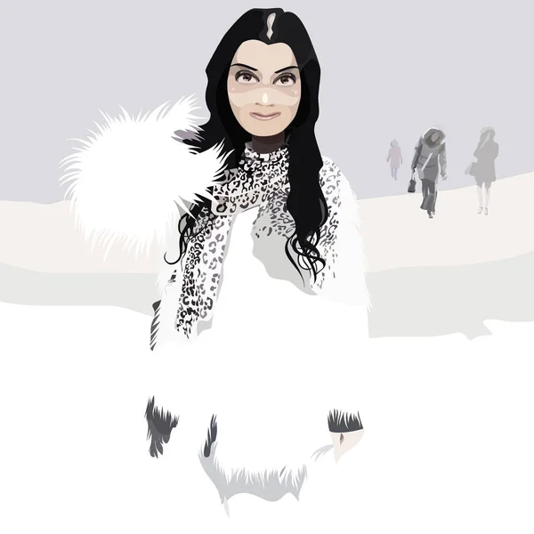 Vacker kvinna i vit päls på vintern — Stock vektor