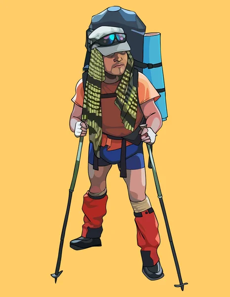 Hombre viajero en un traje turístico con una mochila con palos — Vector de stock