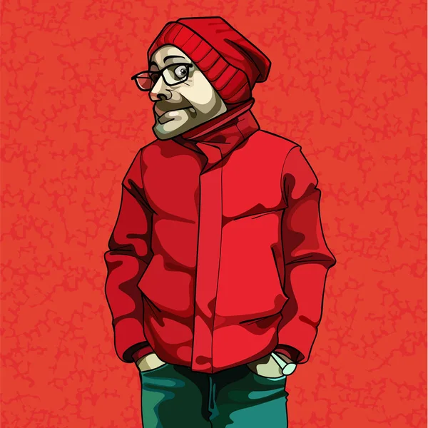 Dessin animé drôle homme en rouge vêtements d'hiver — Image vectorielle