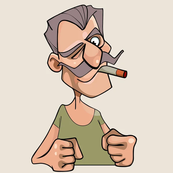 Amenazante hombre bigote de dibujos animados con un cigarrillo en la boca — Vector de stock