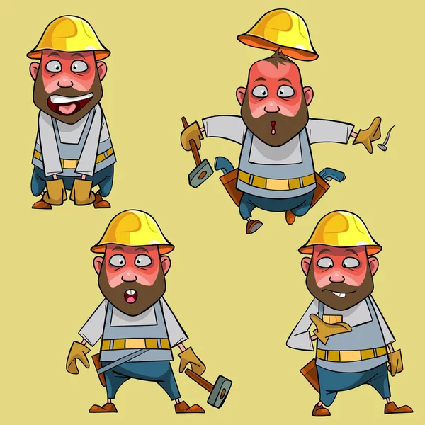 Kartun mengejutkan pekerja di helm dalam berbagai pose - Stok Vektor