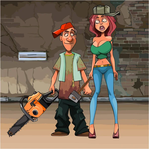 Karikatür komik adam bir chainsaw ve bir çekiç ile bir kadın — Stok Vektör