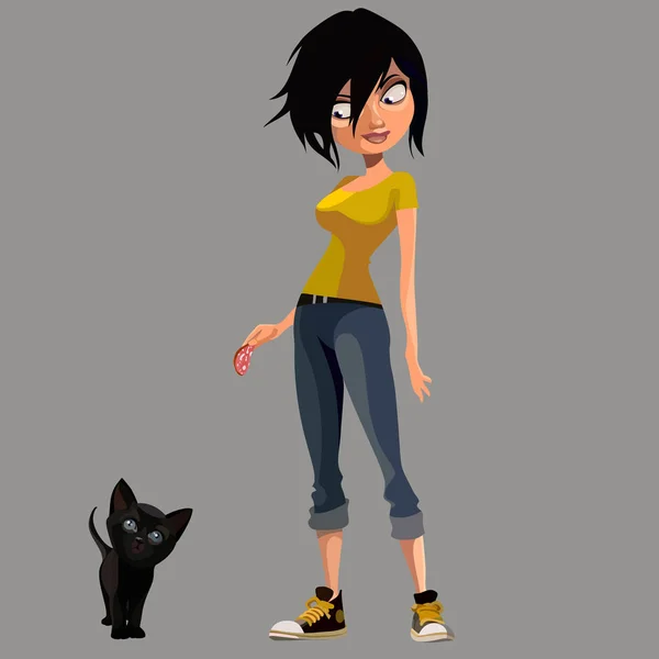 Mujer de dibujos animados dando una salchicha un pequeño gatito negro — Vector de stock