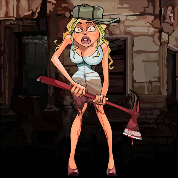 Cartone animato donna spaventata con un'ascia insanguinata tra le rovine — Vettoriale Stock