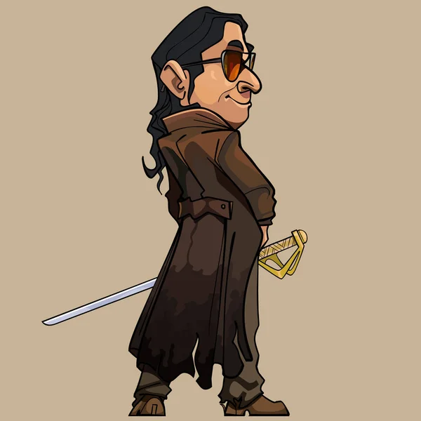 Hombre moderno de dibujos animados en un abrigo largo con una espada — Archivo Imágenes Vectoriales