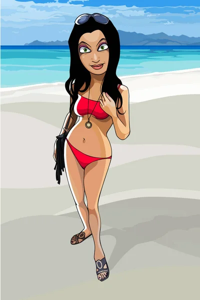 Cartone animato di una donna bruna in costume da bagno rosso sulla riva — Vettoriale Stock