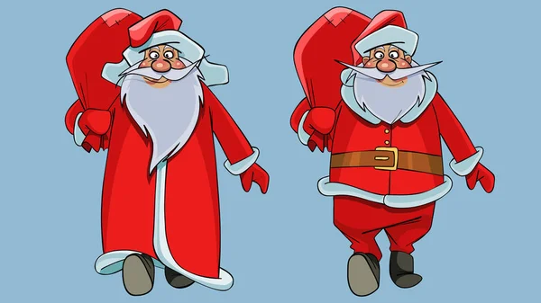 Cartoon Vadertje Vorst en Santa Claus wandelen met een tassen van geschenken — Stockvector