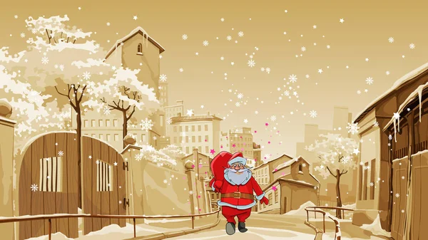 Desenho animado Papai Noel com saco de presente caminha em uma rua da cidade velha —  Vetores de Stock