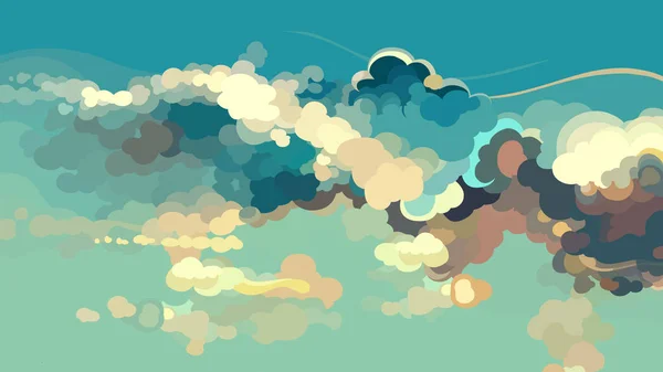 Desenho animado céu azul desenhado com nuvens coloridas — Vetor de Stock