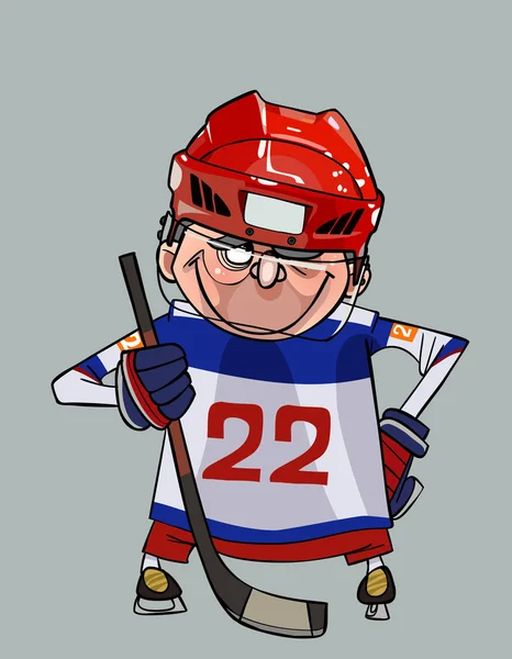 Kreslený komiks usmívající se hokejista klackem stojí s rukama v bok — Stockový vektor