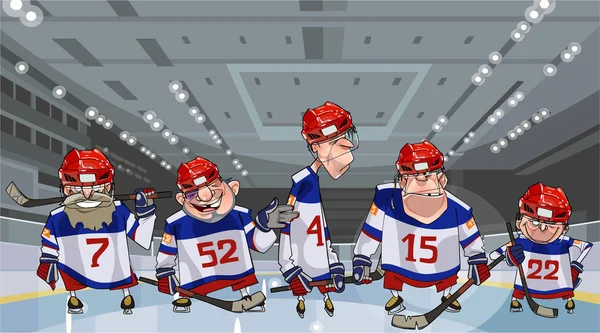 Cartoon-Team mit fünf lustigen Eishockeyspielern auf dem Eis — Stockvektor