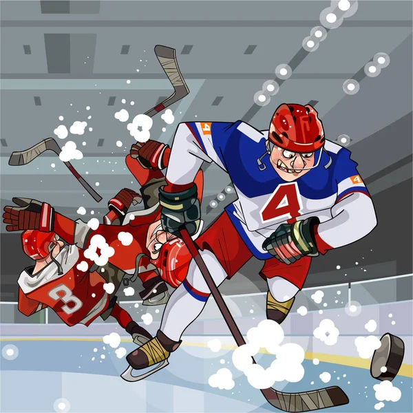 Lustige Cartoon-Hockeyspieler spielen Hockey auf dem Eis — Stockvektor