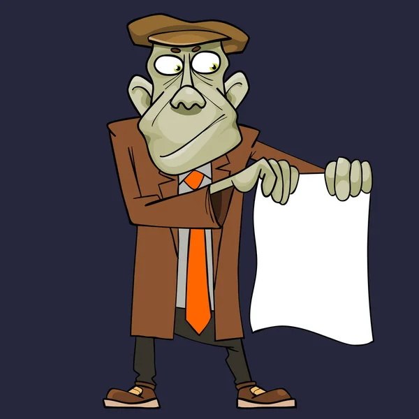 Hombre verde de dibujos animados en traje mostrando hoja en blanco — Vector de stock