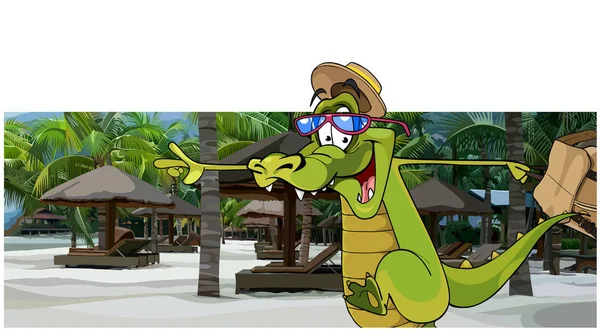Cartoon znaków wesoły krokodyl w kapeluszu jest uruchomiony na plaży — Wektor stockowy