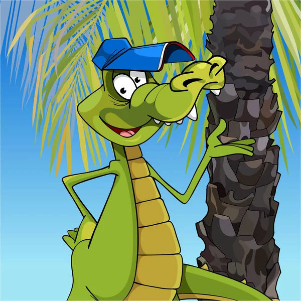 Cartoon character cheerful crocodile in a cap standing under a palm tree — Stock Vector