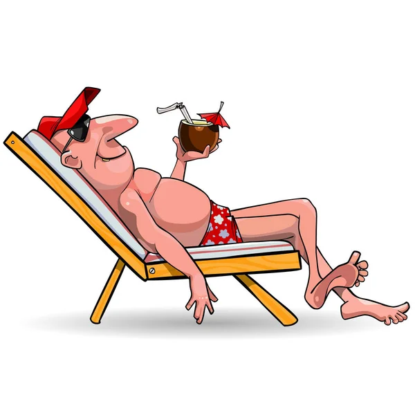 Hombre de dibujos animados descansando en una tumbona con un cóctel de coco en la mano — Vector de stock