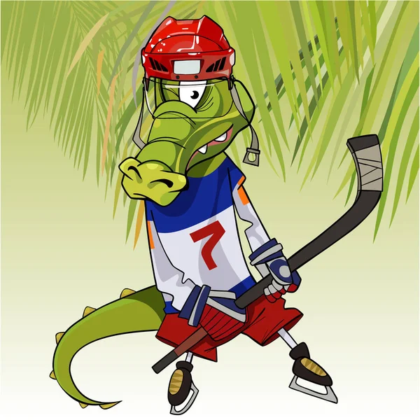 Comic-Figur lustiges Krokodil in der Kleidung eines Eishockeyspielers auf Schlittschuhen — Stockvektor