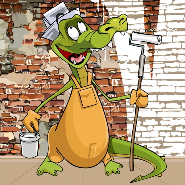 Cartoon character funny crocodile in the attire of a painter plasterer — Stock Vector