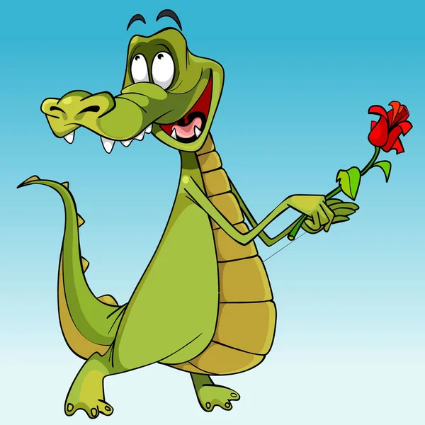 Kreskówka krokodyl zabawny znak z różą w ręku — Wektor stockowy