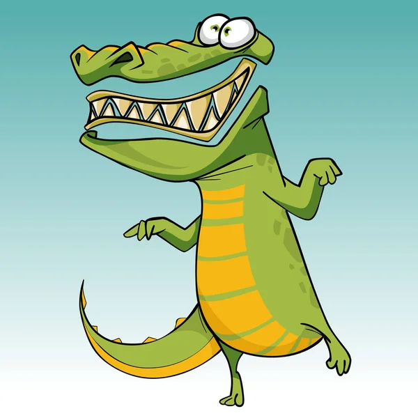 Cartoon funny scary toothy crocodile is standing on one leg — Stock Vector