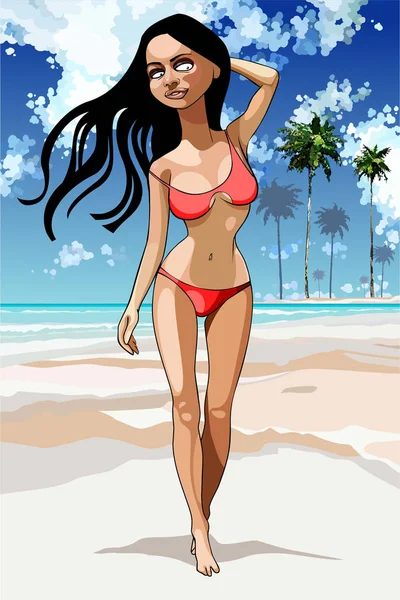 Desenho animado linda menina morena em maiô em uma costa tropical — Vetor de Stock