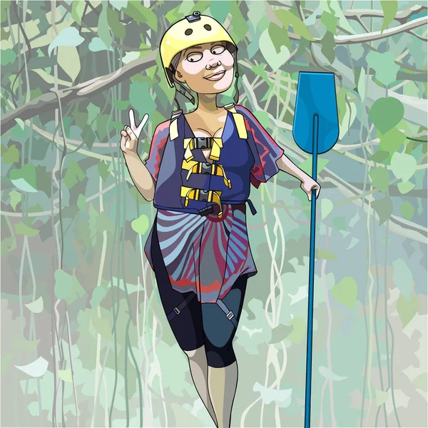 Cartoon gelukkige vrouw in een helm staat met een peddel in de jungle — Stockvector