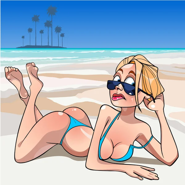 bir mayo bir tropik sahil üzerinde sunning içinde komik karikatür kız
