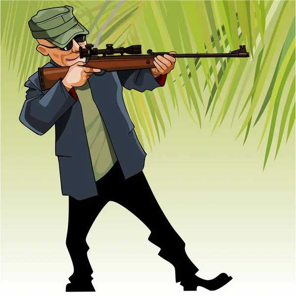 Karikatura mužského lovec míření puškou optický hledáček — Stockový vektor