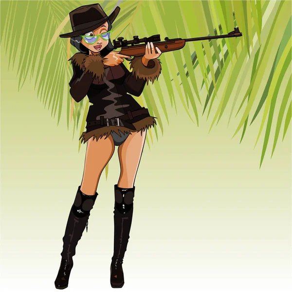 Desenho animado caçador fêmea apontando com um rifle de mira óptica — Vetor de Stock