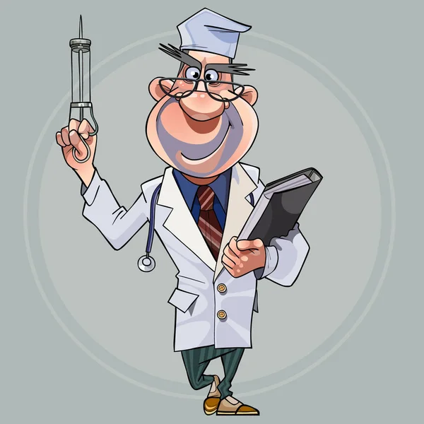 Cartone animato in esecuzione uomo in abiti di un medico con una siringa — Vettoriale Stock