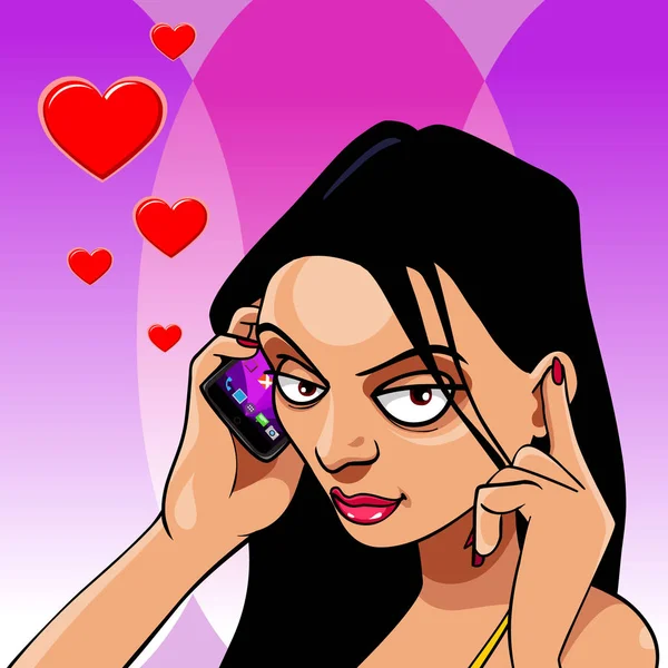 携帯電話で愛の話、ブルネットの女性の漫画 — ストックベクタ