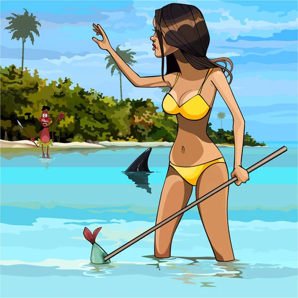 Mujer de dibujos animados en traje de baño de pesca en los trópicos — Vector de stock