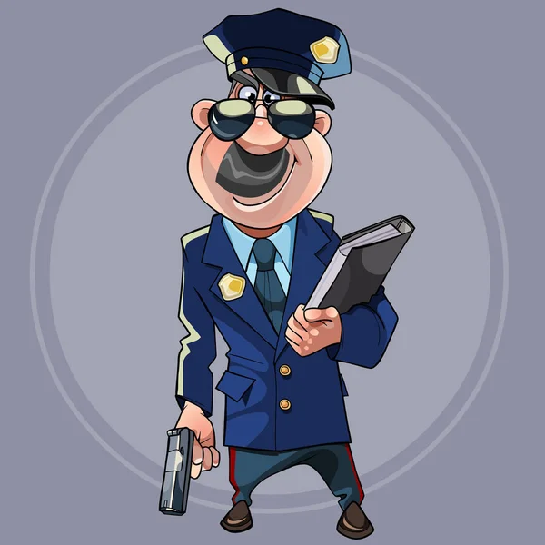 Uomo dei cartoni animati in uniforme della polizia con pistole e una cartella in mano — Vettoriale Stock