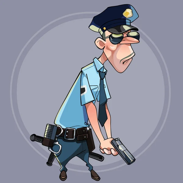 Dessin animé homme sérieux en uniforme de police tenant une arme — Image vectorielle