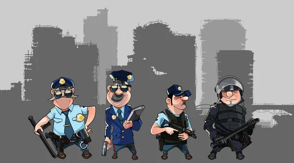 Homens de desenhos animados em uniformes policiais e forma de forças especiais com armas —  Vetores de Stock