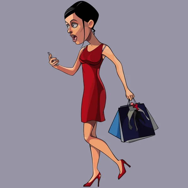 Mulher dos desenhos animados olha para o telefone em movimento — Vetor de Stock