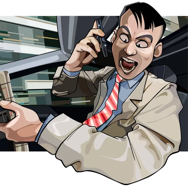 Homme de dessin animé conduisant agressivement hurle dans le téléphone — Image vectorielle