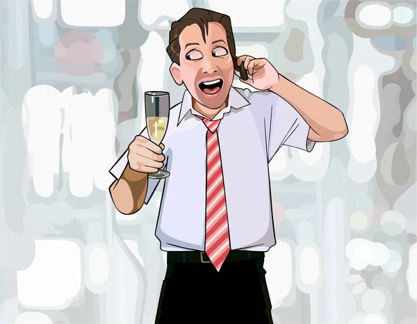 Мультяшный человек со стаканом в руке счастливо разговаривает по телефону — стоковый вектор