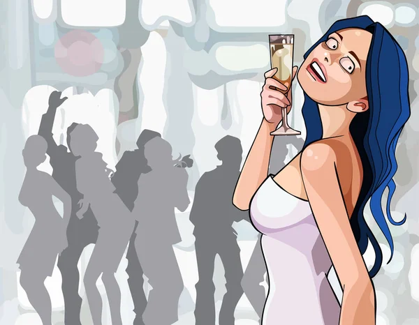Γελοιογραφία γυναίκα με ποτήρι στο χέρι χορεύει στο εταιρικό — Διανυσματικό Αρχείο
