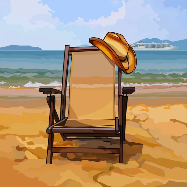 Szezlong w kapeluszu na piaszczystej plaży — Wektor stockowy