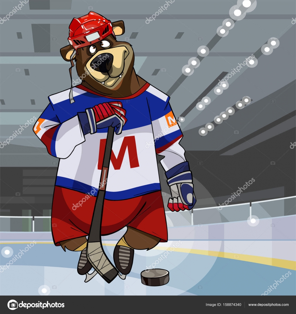 卡通人物熊穿着衣服曲棍球棒与冰球图库矢量图©Westamult 158874340, image size:963x1024
